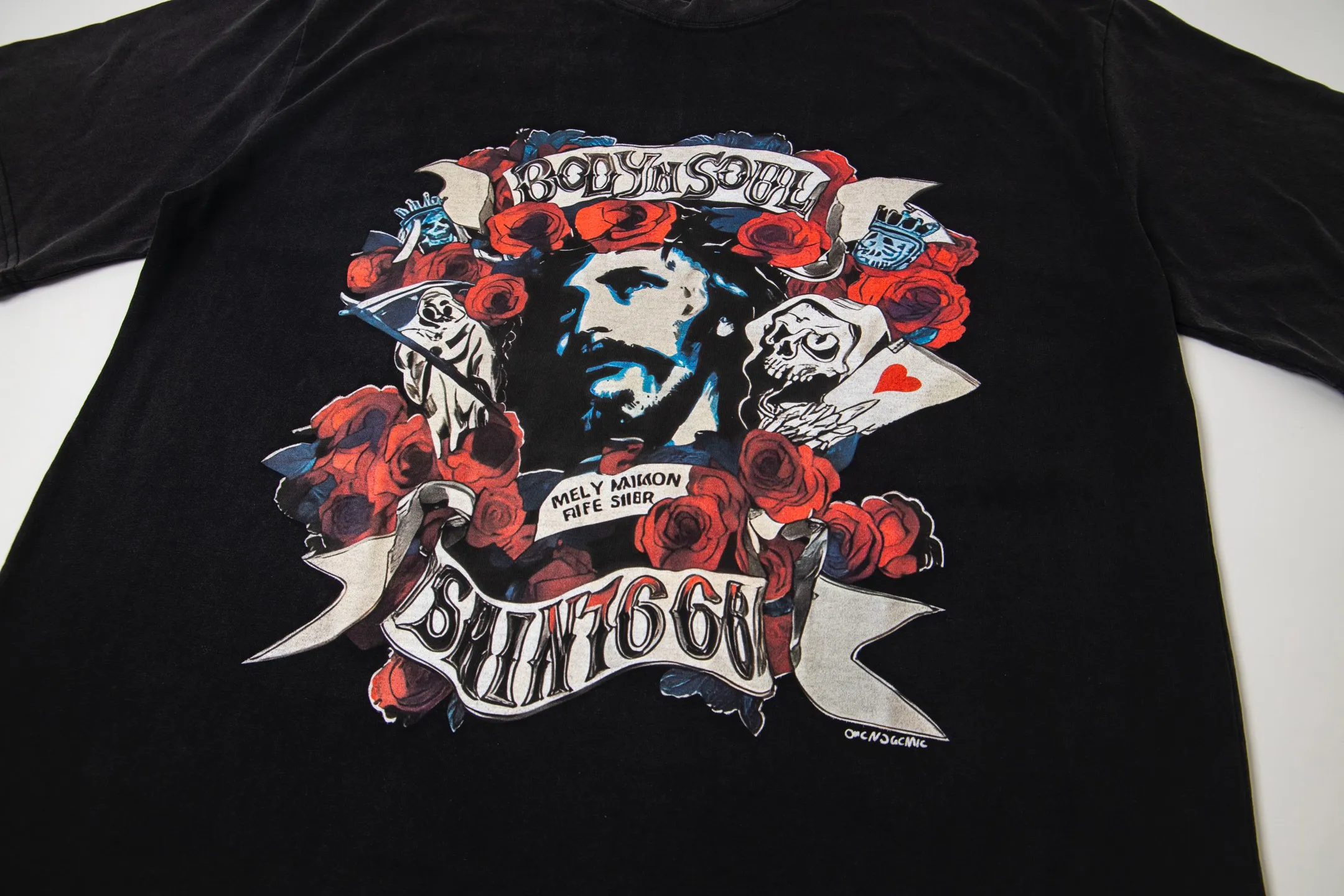 VT9269 P130💰 Saint Michael Rose Jesus Portrait "body&soul" Direct Ink Printing Retro Washed Distressed Short Sleeve T-shirt Small Neck Design Digital Inkjet Printing High Street Retro Heavy Vintage Short Sleeve Size: S M L XL